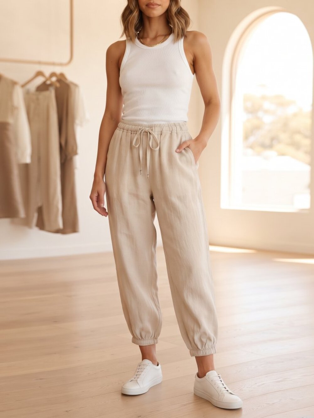 Italian 100% Linen Miglio SRL Joggers Natural Beige Small / Medium Resort wear